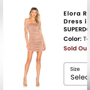 REVOLVE SUPERDOWN Elora Ruched Off The Shoulder Dress in Taupe